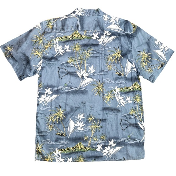 Hawaiian Aloha Shirt Blue Floral Palm Print Short Sleeve Cotton XL - Picture 2 of 5